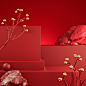 3d-render-red-step-display-with-golden-branch-abstract-background-illustration