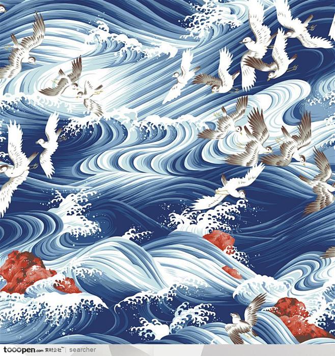 手绘插画--海浪中飞翔的海鸟下载，现在加...