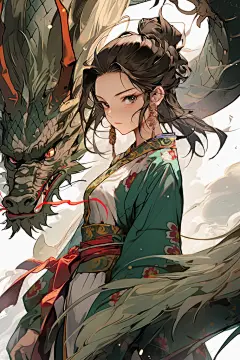 青龙少女绿色古风女孩和龙插画