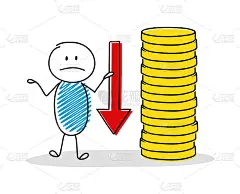 有趣的手绘商人显示钱堆。向量。