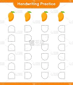 书法练习。描画芒果的线条。教育儿童游戏，可打印的工作表，矢量插图