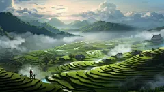 春夏矢量扁平梯田自然风景插画