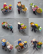 a grid of photos showing merchants wheeling produce to market