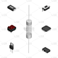 Set of different 3D electronic components, vector 