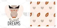 可爱的婴儿印花睡衣或床上用品。用于织物上印刷的森林动物和鸟类。为孩子刻字，好梦。可爱的猫头鹰。矢量图