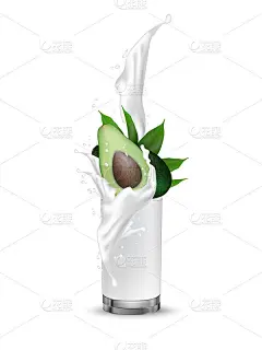 牛油果溅在玻璃杯里。逼真的3d溅水果奶油溅到玻璃与漩涡。把牛奶倒进杯子里。鸡尾酒混合。网页或包装插图