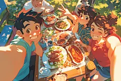 夏日聚会同学漫画风插画