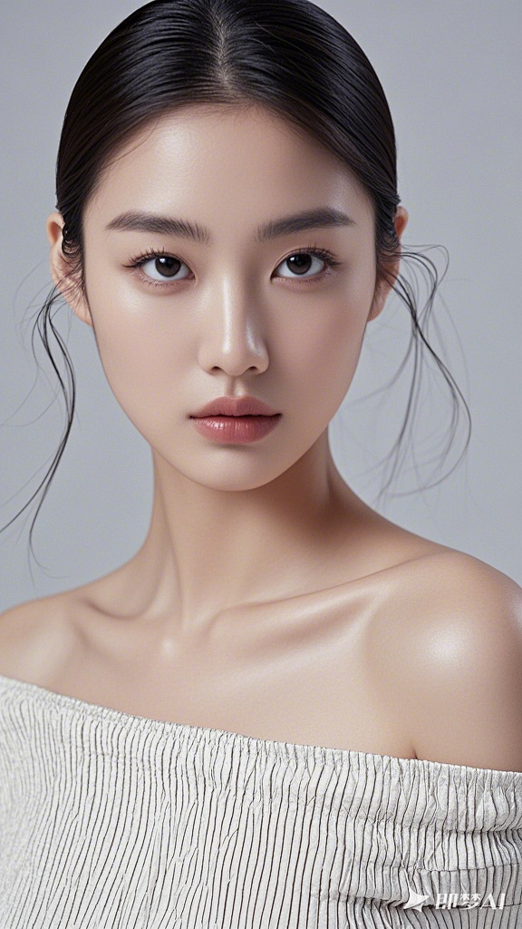 高级，亚洲年轻美女，极简，立体五官，精致，深邃眼眸，大师作品，浅色背景，肖像摄影，