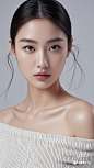 高级，亚洲年轻美女，极简，立体五官，精致，深邃眼眸，大师作品，浅色背景，肖像摄影，