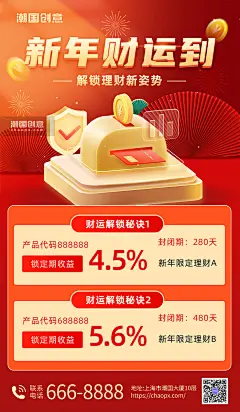 新年财运到新年银行理财产品红金色营销海报图片_潮国创意