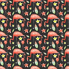 水彩火烈鸟无缝模式上的深灰色背景。手绘的粉红色热带鸟类和异国情调的花朵无尽的打印。彩色的火烈鸟和热带