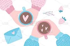 情人节贺卡。女性和男性用双手献上一杯充满爱意的咖啡。平面手绘矢量插图