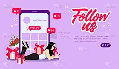 在线广告，社交媒体，网络喜欢的概念。鲜花，盒子与礼物和女孩购物从移动设备在淡紫色的背景。跟随我们的旗