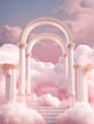 3d white castle and archways on the clouds, in the style of pink and bronze, baroque compositions, hurufiyya, tabletop photography, dreamy and romantic compositions, trompe l'oeil compositions