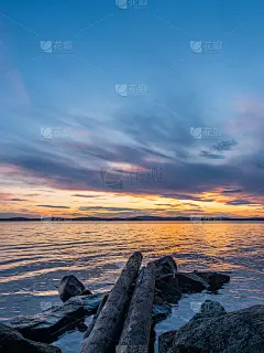 冷静和冥想的概念。日落在湖上，石头和老树在前景，平静的水，无云的天空