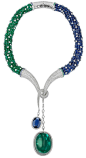 Avakian cabochon emerald necklace- a 120 carat cabochon emerald hanging from a necklace set with 240 cts of emeralds, 190 cts of blue sapphires and diamonds weighing 35cts.
