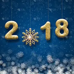 贺卡与金色的文字2018和大雪花在一个蓝色的背景。