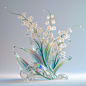 一株透明的铃兰植物3D渲染，渐变半透明玻璃熔体，发光的光纤晶体，白色背景，自然主义美学，精致的细节，完整的模型，梦幻的视觉风格，荧光全息光泽纹理，清晰的颜色，透明，辛烷值遮光，美丽的，超现实主义