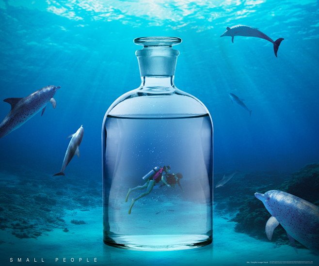 玻璃瓶 潜水员 海豚 蓝色海洋世界 酒水...