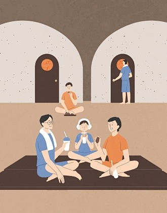 三温暖 汗蒸洗浴 冬日休闲 亲子插图插画.