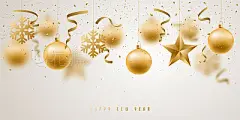 Vector banner with golden christmas decorative baubles and snowflakes. Happy New Year and Merry Christmas stock illustration.Vector banner with golden christmas decorative baubles and snowflakes. Happy New Year and Merry Christmas stock illustration.