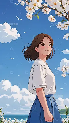 白云少女插画蓝天夏日
