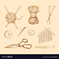 Tools and materials for knitting sketch vector image on VectorStock : Knitting illustrations. Hand drawn needle, scissors, ball of yarn, knitting needles and crochet. Download a Free Preview or High Quality Adobe Illustrator Ai, EPS, PDF and High Resoluti