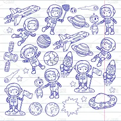 太空幼儿园，学校天文课儿童，涂鸦儿童插画Ufo，外星人，月球表面，地球，木星，土星，火星矢量图标