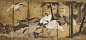 Kano school (16th/17th century) Cranes in a Landscape Large six panel screen, ink, color and gold on paper; portraying five large-scale cranes in a stand of bamboo near a cascading stream, one bird in flight above a pair of minogame resting on a rocky out