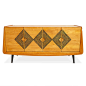 Jonathan Adler Antibes Four-Door Console : Warm Modernism.Crafted from honeyed wood that has been oiled to reveal the wood's natural beauty. The organic, sculptural silhouette—the frame swells at the bottom and tapers towards the top—is complemented by th