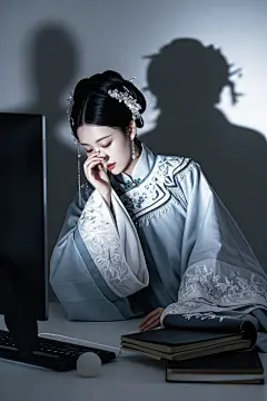汉服美女打工人熬夜加班古装创意热梗摄影