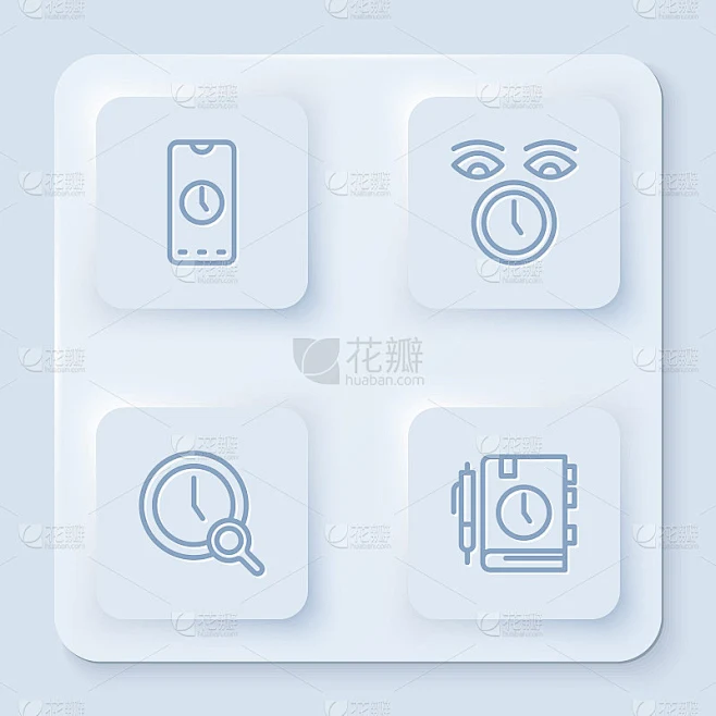 设置行闹钟app手机，时钟，放大镜与日常纸记事本。白色正方形按钮。向量素材-花瓣网