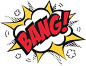 This may contain: the word bang written in red and yellow on a white background with an explosion effect