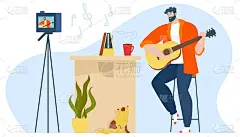 音乐博客矢量插图，卡通平面创意音乐博客人性格弹吉他，吉他手创作，录制视频