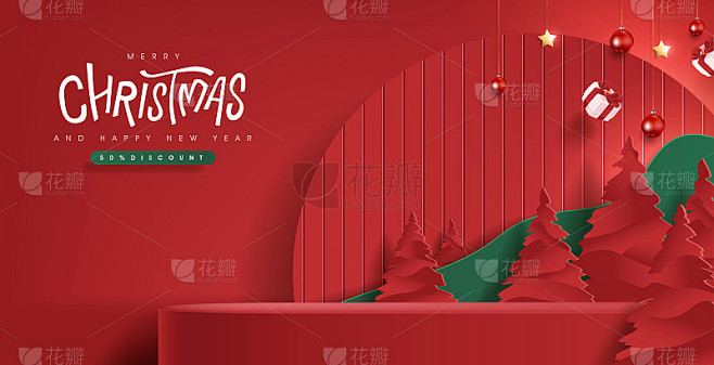圣诞快乐横幅与产品展示和节日装饰红色背景