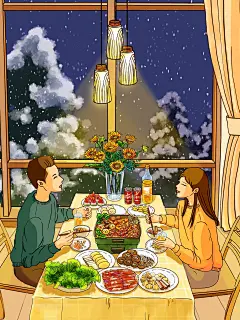 二十四节气插画一小雪
又开始下雪了，下雨和火锅更配哦。屋外雪花飘飘，屋里火锅咕嘟咕嘟冒泡，知足这样的小日子。
-江南入墨