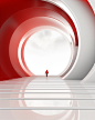 a white abstract scene with a red colored stairway, in the style of circular shapes, 32k uhd, streamlined design, rim light, utilizes, technological design, innovative page design