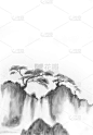 中国风格。山上的瀑布。背景与山脉。黑白图像。