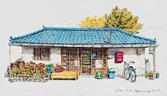 【韩国插画师Me Kyeoung Lee手绘的街角便利店】
韩国艺术家MeKyeoungLee，不仅迷恋杂货店和便利店，而且有一双发现美的眼睛，因此，过去20年，她一直在使用丙烯墨水记录小角落的小店。