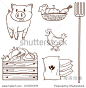 Illustration of a simple sketch of the farm animals and the harvested vegetables on a white background 
