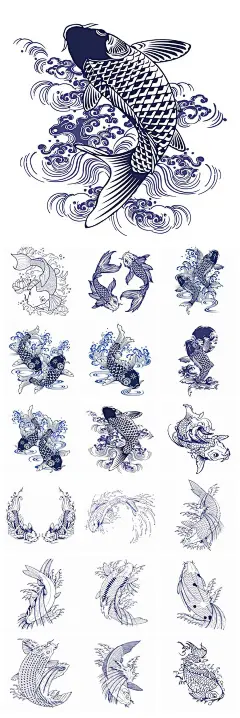 锦鲤鱼鱼吉祥祝福手绘线稿插图插画创意元素EPS海报模板素材设计-淘宝网