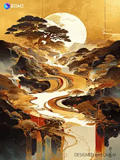 国风插画 | AI绘制新中式古典鎏金山水画 - 小红书