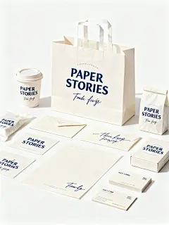 纸韵社 Paper Rhythm Society。以米白色为主色调，搭配深蓝色字体。涵盖手提袋、纸杯、信封、信纸、名片、包装袋、包装盒等物品，突出“PAPER STORIES”等简洁醒目文字。营造清新文艺风格、充满创意和宁静氛围，版式设计采用不对称布局与手写字体，契合纸艺手作品牌简约包装定位。