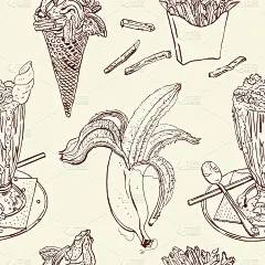 小吃和甜品复古无缝图案:奶昔、冰淇淋、香蕉、薯条。巧克力棕色,米色。手绘矢量图草图。咖啡厅，咖啡店设
