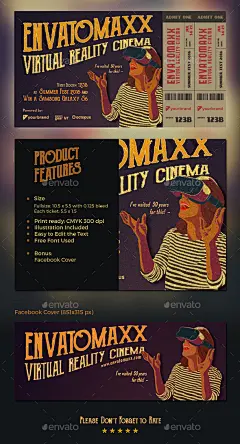 的虚拟现实电影邀请和机票-杂项打印模板Vintage Virtual Reality Cinema Invitation and Ticket - Miscellaneous Print Templates应用程序,增强现实,电影院,设备,节日,传单,未来,小工具,游戏,头,全息图,说明海报,说明,电影,怀旧,科学,夏天,科技,古董,虚拟现实 application, augmented reality, cinema, device, festival, flyer, future, gadget, g