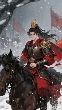 jimeng-2025-09-10-1696-cg动漫伪厚涂人物插画，质感。粗糙笔触，水粉质感。古代将军，战甲，红黑色调，雨夜