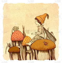 小精灵和蘑菇，水彩插图