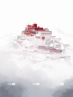 布达拉宫被白色浓雾包围，佛教禅宗平面插图海报