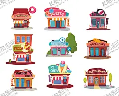 9款卡通特色店铺 【酷图网】卡通,店铺,商贩,商铺,超市,甜品,甜品店,快餐,快餐店,汉堡,烧烤,烧烤店,理发,理发店,面包,面包店,冰淇淋,甜筒,甜甜圈,冰淇淋店,手绘,绘画,插画,背景,底纹,纹理,素材,矢量,图片