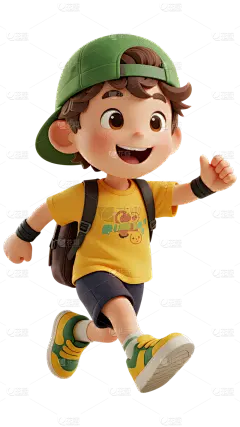 人物系列3D感小男孩背包开心奔跑元素